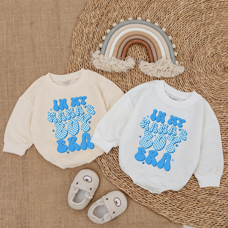 In My Mama's Boy Era Baby Romper - Cute Blue Checkered Text Print, Long Sleeve Soft Cotton Bodysuit for Boys, Perfect Baby Shower Gift