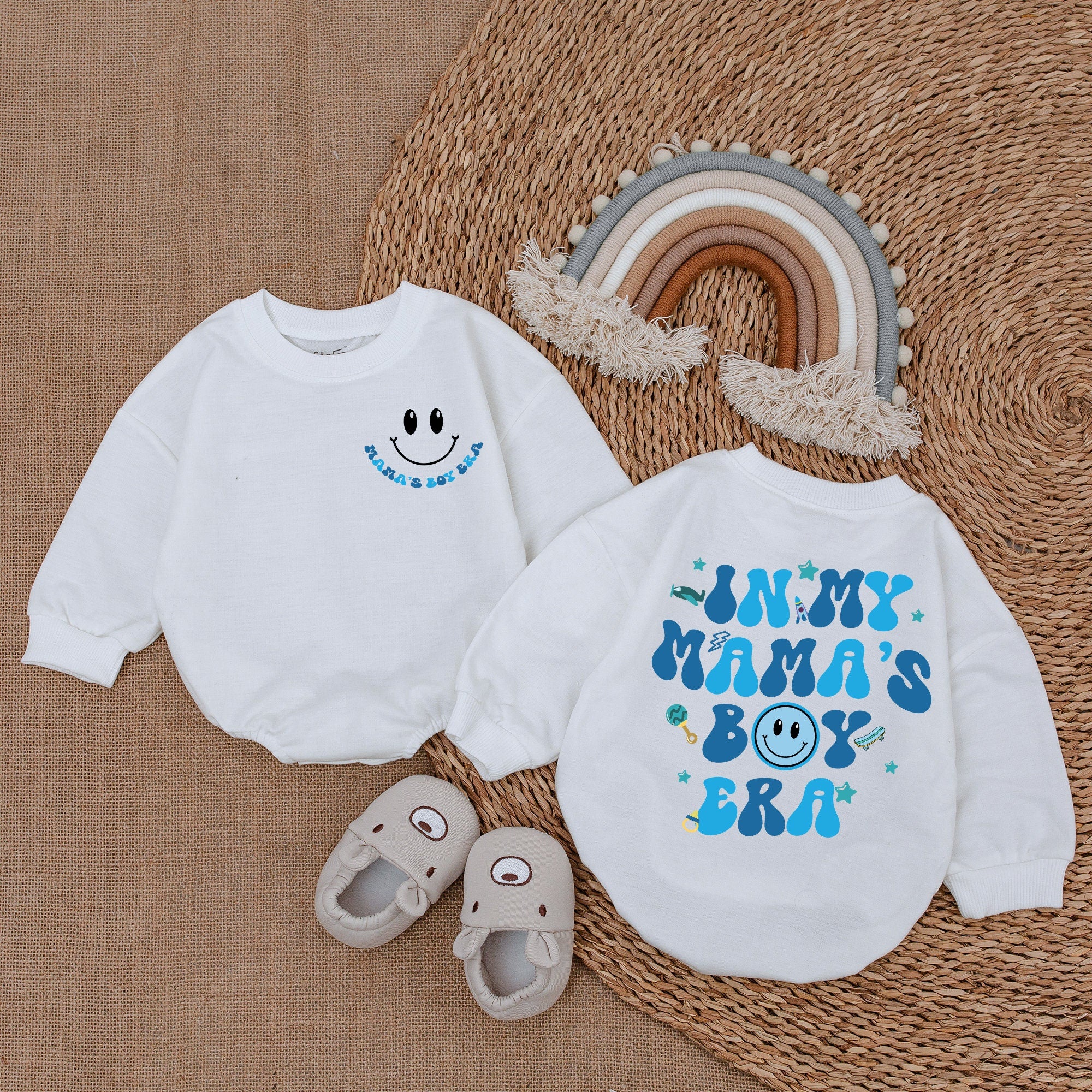 In My Mama's Boy Era Baby Romper with Smiley Face Whimsical Blue Text Stars Cotton Soft Comfortable Gift Baby Boy Outfit