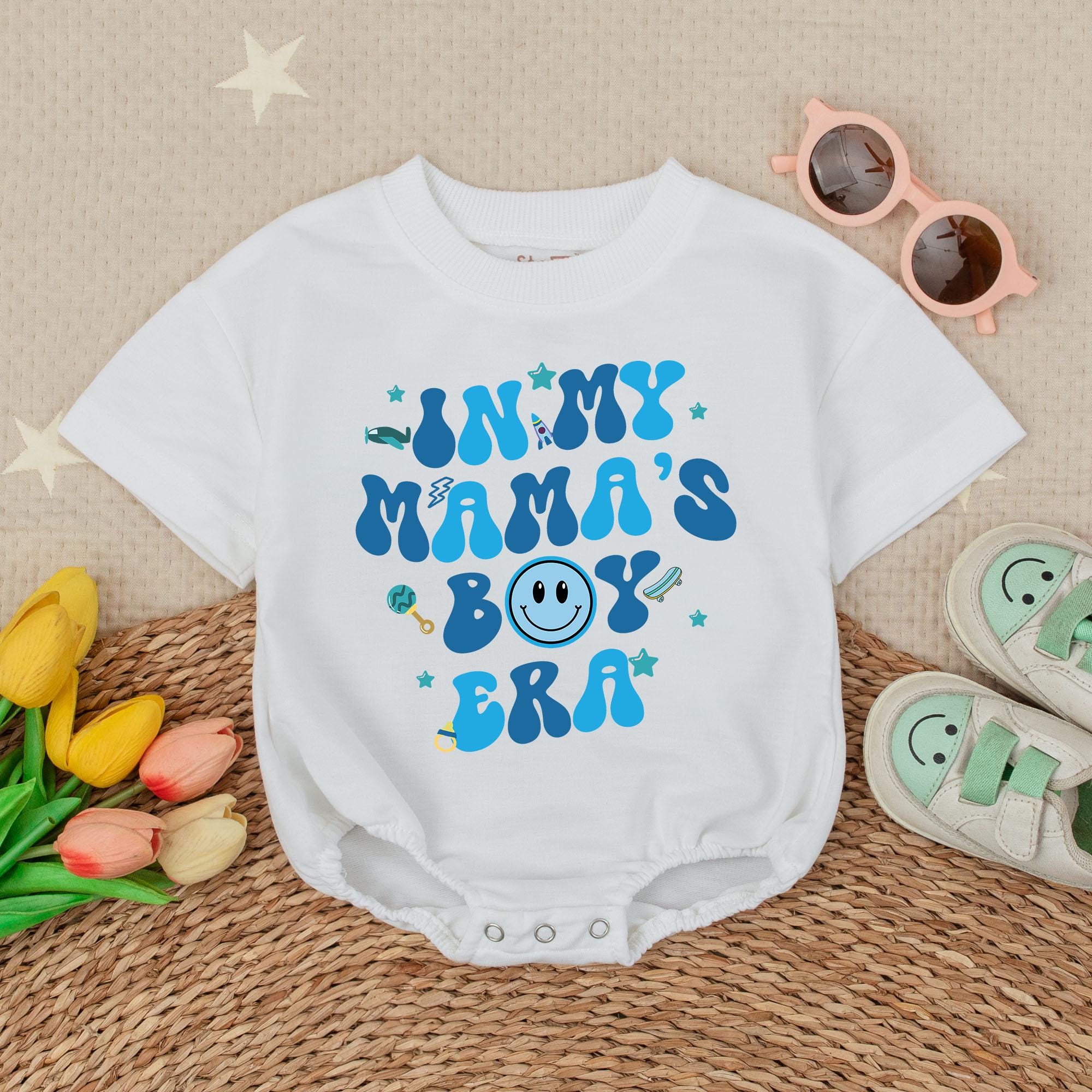 In My Mama's Boy Era Romper with Stars Smiley Baby Boy Outfit Blue Playful Design Soft Cotton Gift for Birthday or Holiday