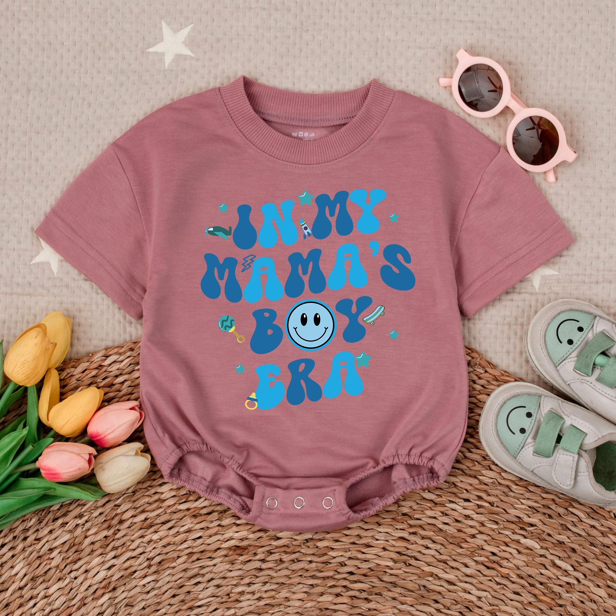 In My Mama's Boy Era Romper with Stars Smiley Baby Boy Outfit Blue Playful Design Soft Cotton Gift for Birthday or Holiday
