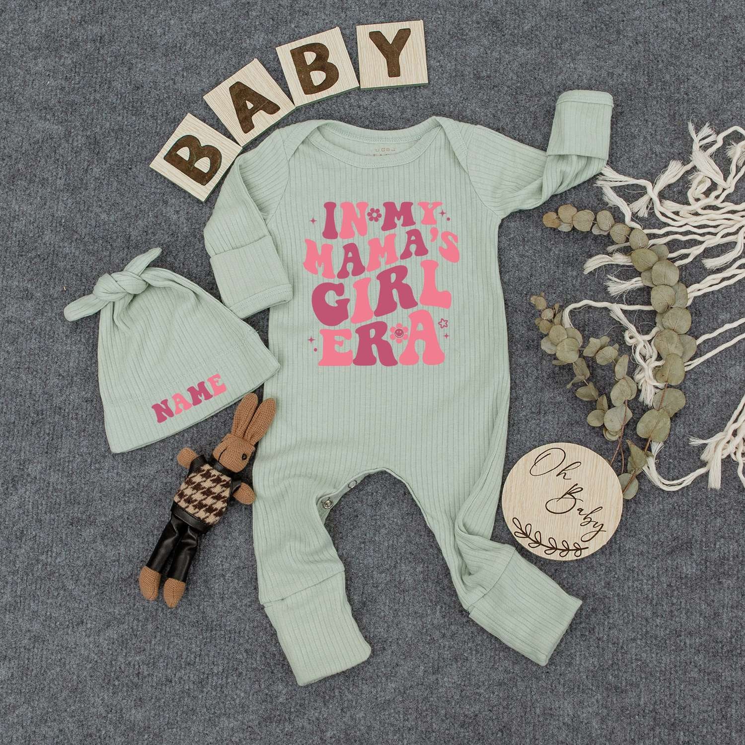 In My Mama's Girl Era Bodysuit Custom Hat Baby Girl Outfit Cute Newborn Gift Soft Cotton Personalized Name Pink Design Heart Stars