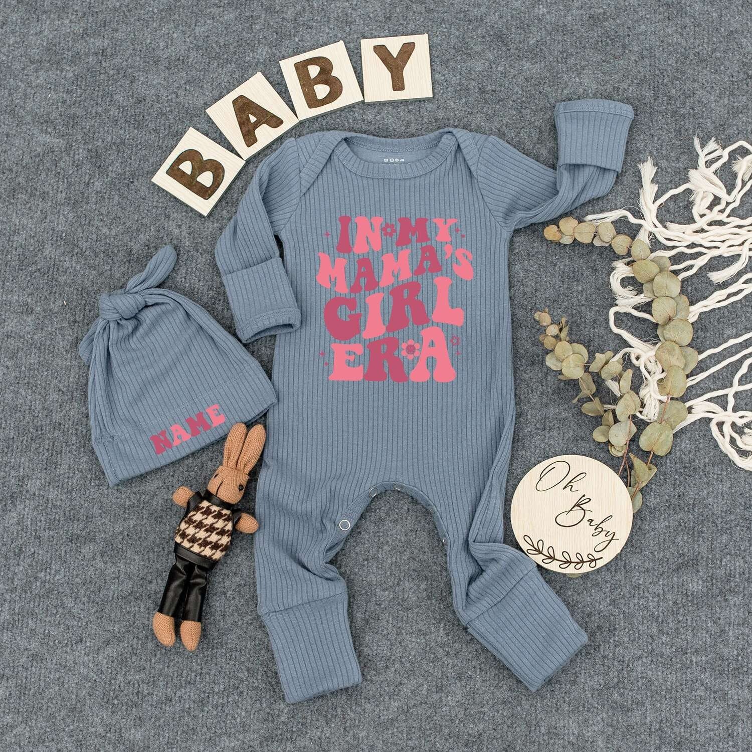In My Mama's Girl Era Bodysuit Custom Hat Baby Girl Outfit Cute Newborn Gift Soft Cotton Personalized Name Pink Design Heart Stars