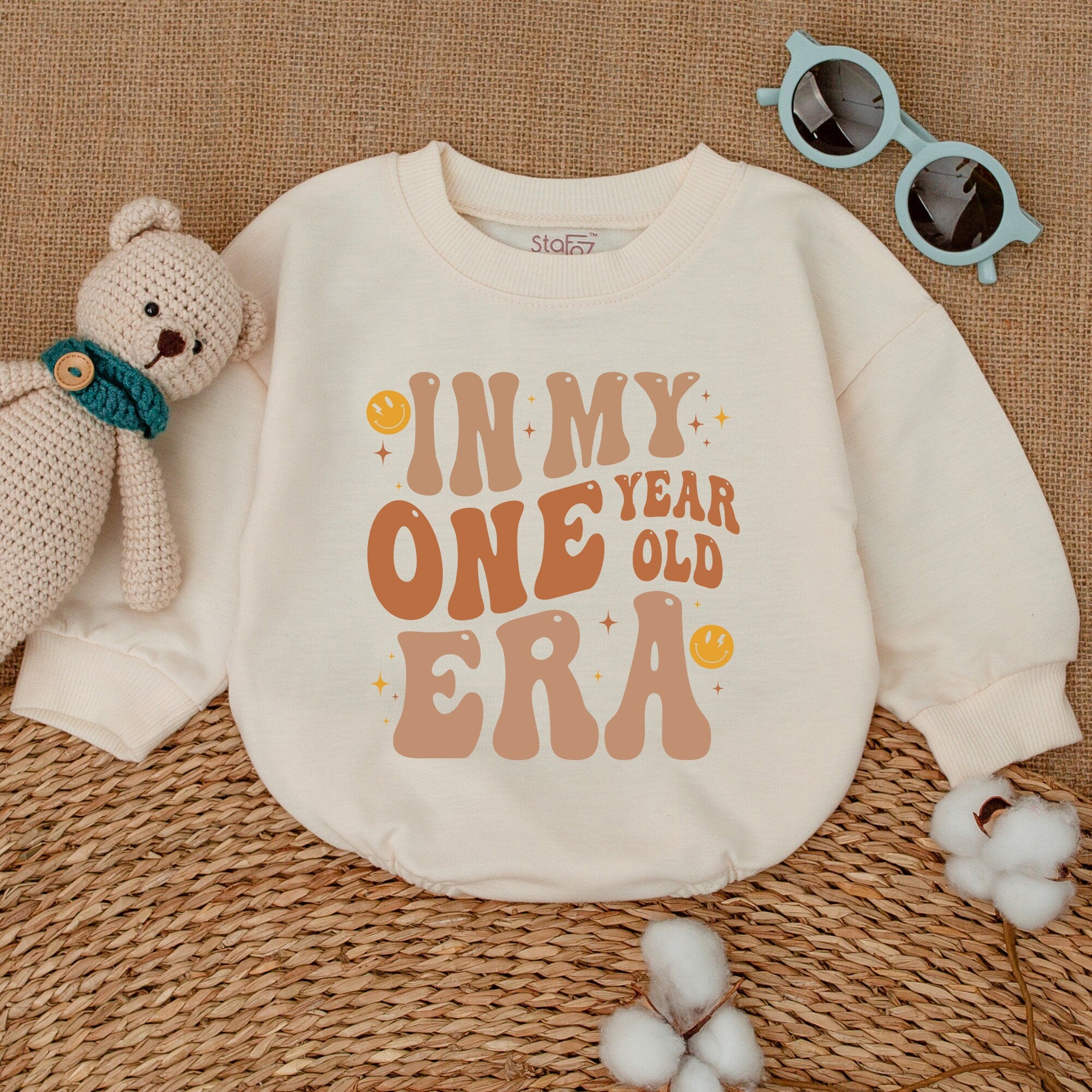 In My One Year Old Era Retro Baby Romper Birthday Gift Warm Tones Smiley Faces Cute Cotton Soft Comfortable First Party Outfit