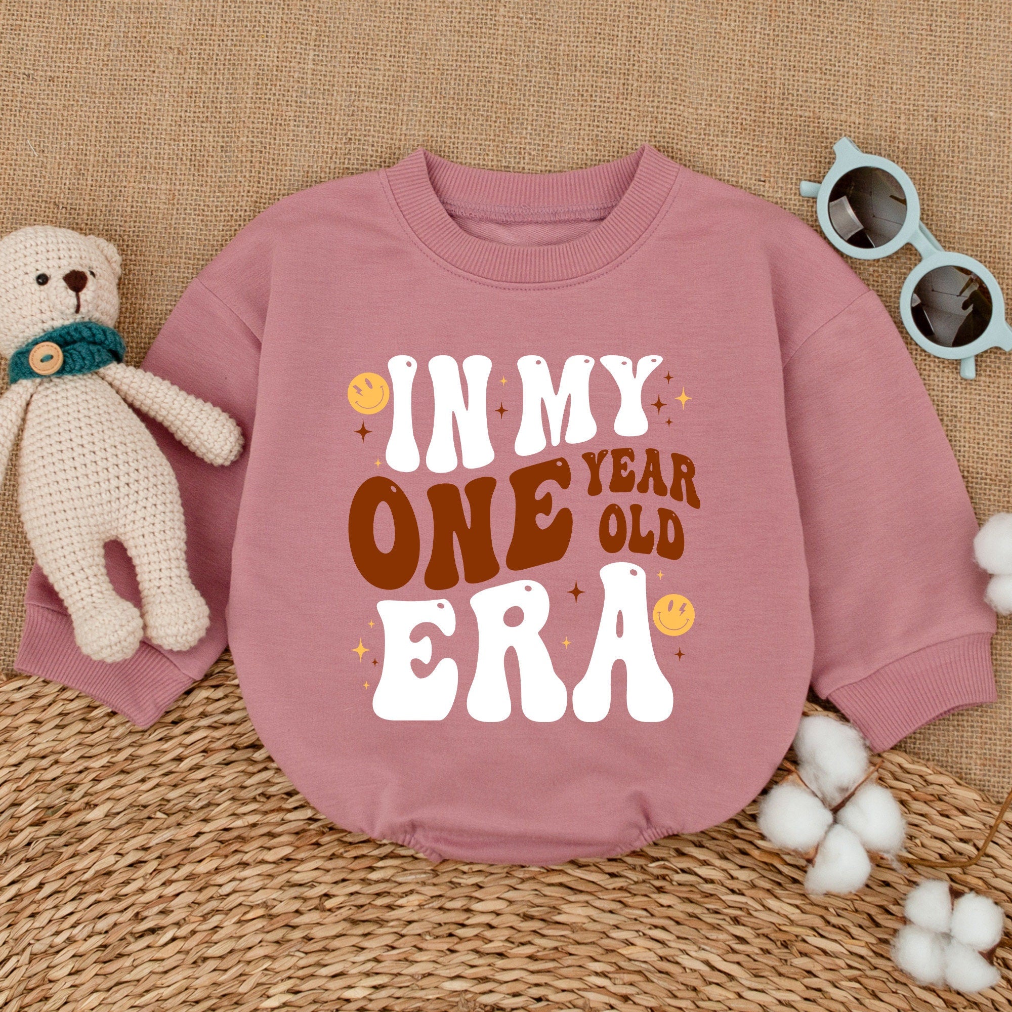 In My One Year Old Era Retro Baby Romper Birthday Gift Warm Tones Smiley Faces Cute Cotton Soft Comfortable First Party Outfit