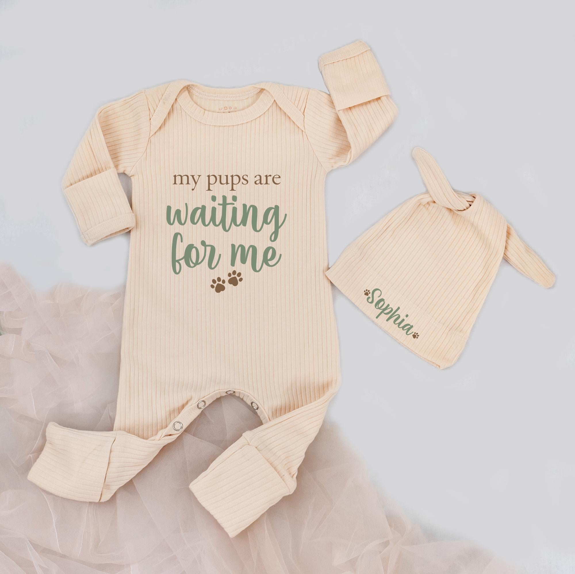 My Pups Are Waiting for Me Baby Bodysuit and Custom Name Hat, Cute Dog Lover Newborn Outfit, Coming Home Gift for Infant