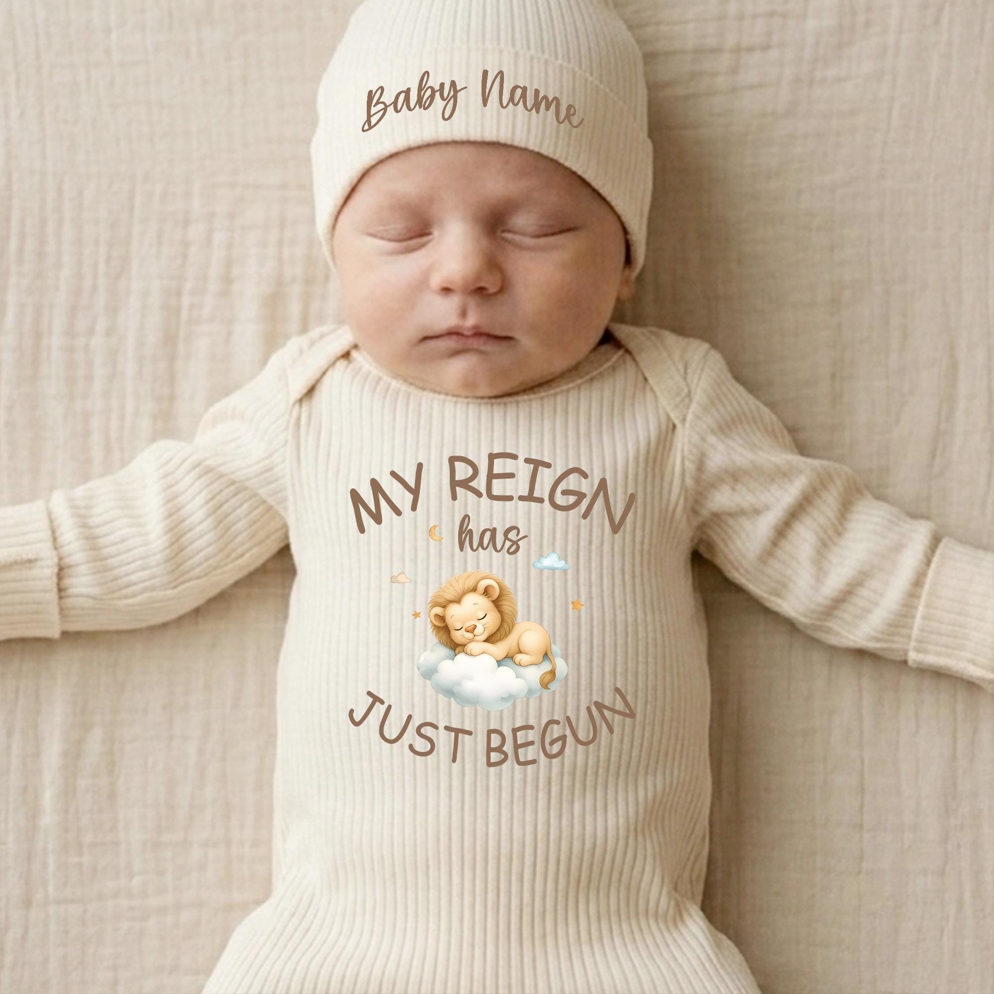 My Reign Has Just Begun Baby Bodysuit and Hat Set with Custom Name, Lion Graphic Newborn Outfit, Coming Home or Baby Shower Gift