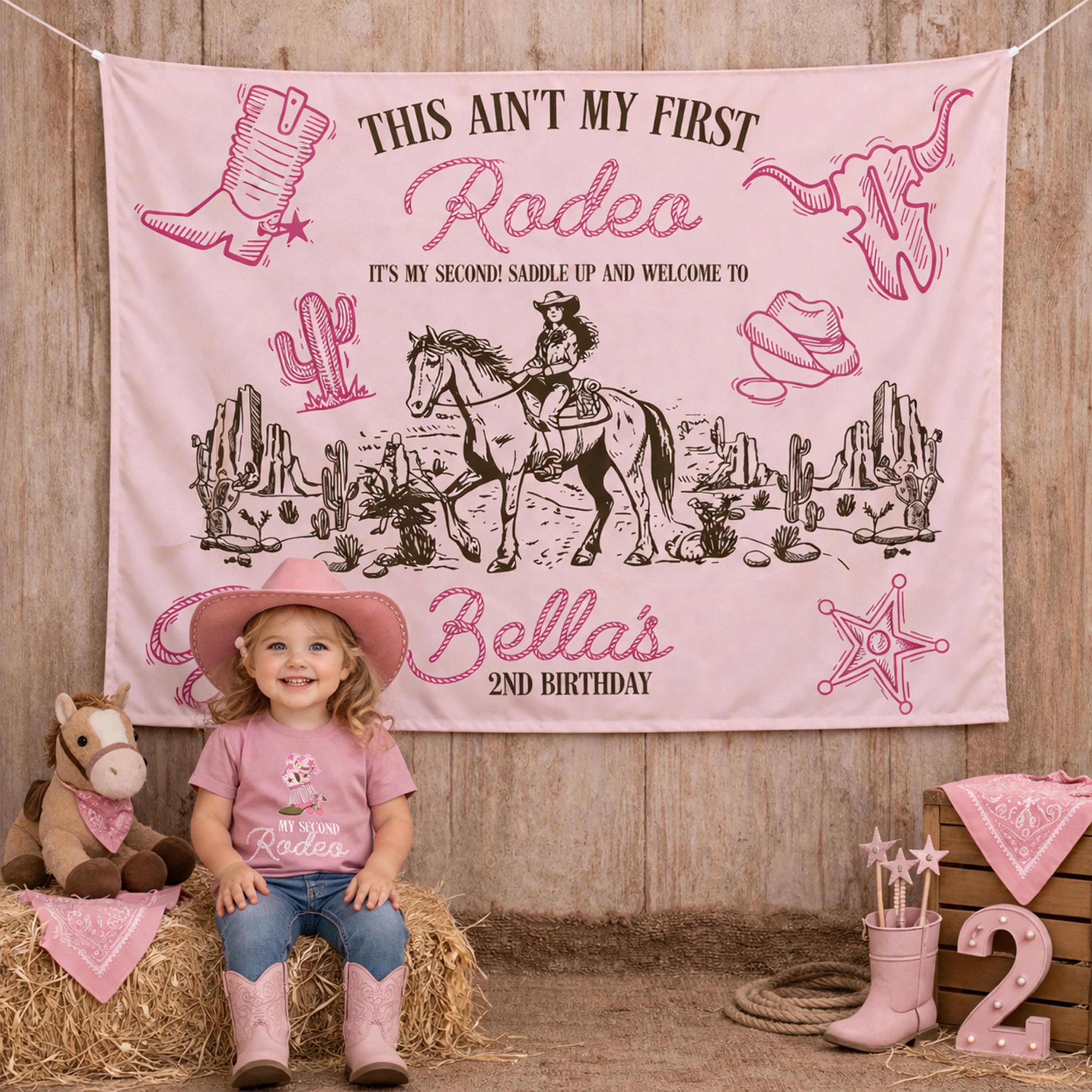 My Second Rodeo Birthday Outfit Personalized Cowgirl Shirt and Banner for Toddler Girl Party Cute Pink Design Rodeo Theme Gift Idea