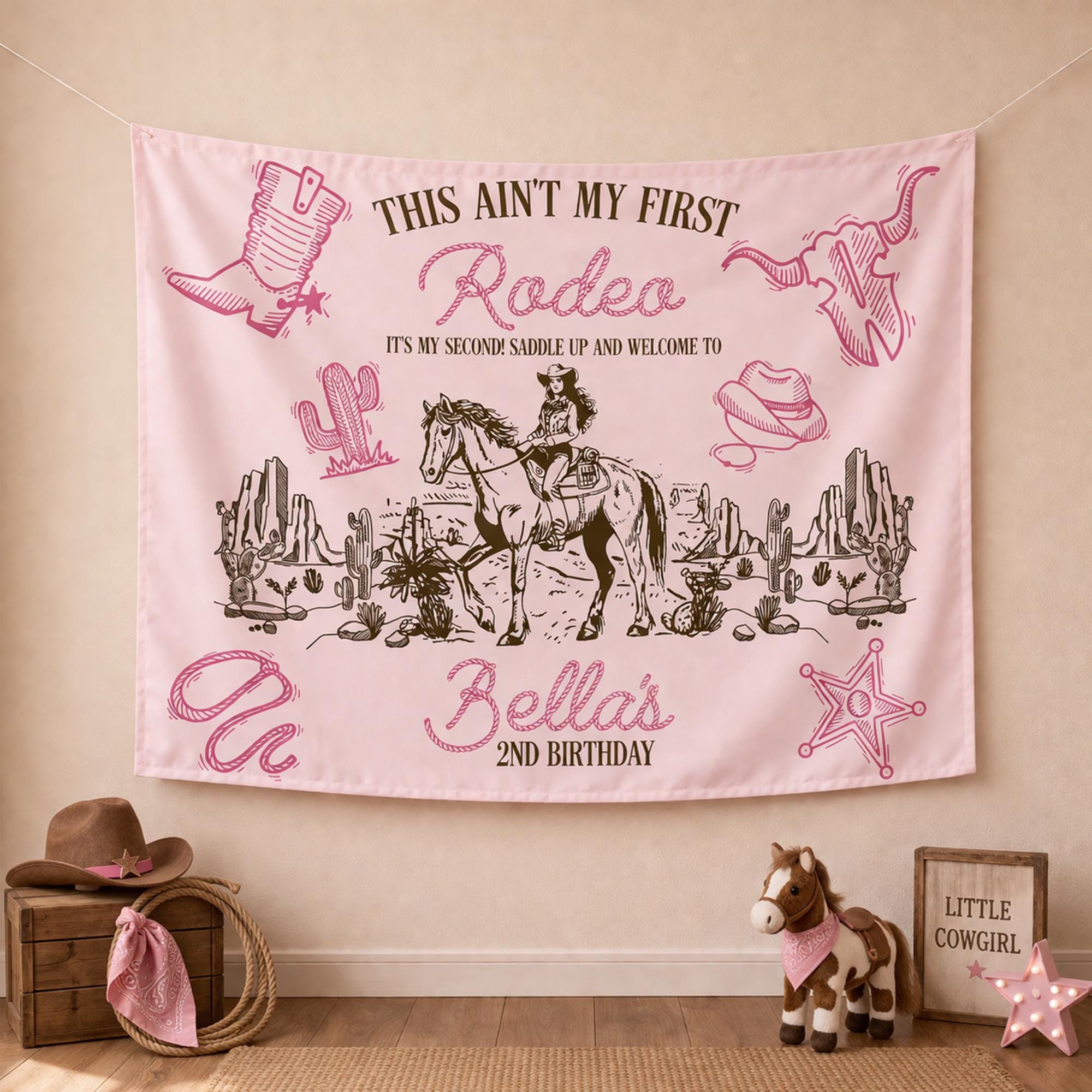 My Second Rodeo Birthday Outfit Personalized Cowgirl Shirt and Banner for Toddler Girl Party Cute Pink Design Rodeo Theme Gift Idea
