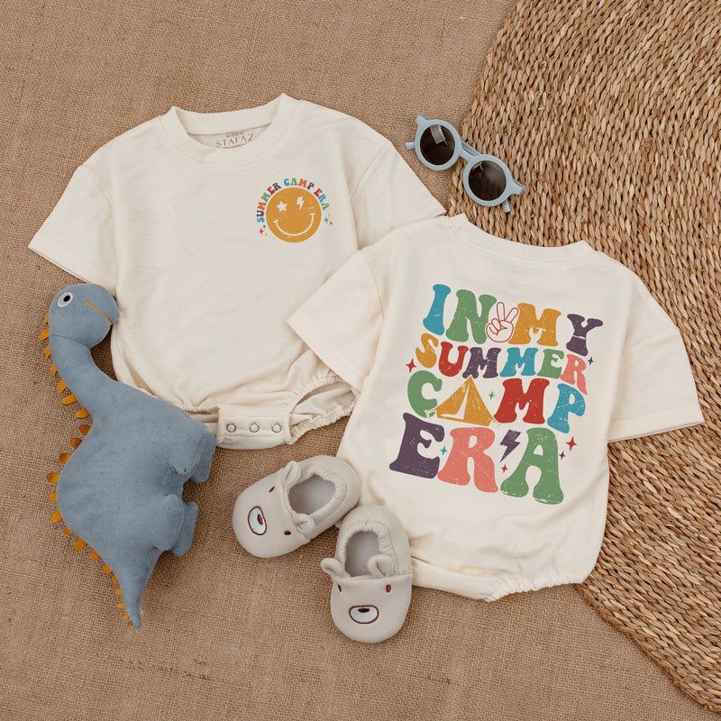 In My Summer Camp Era Newborn Baby Romper Vibrant Retro Design Camping Family Outfit Soft Cotton Playful Colors Smiley Face Fun Gift