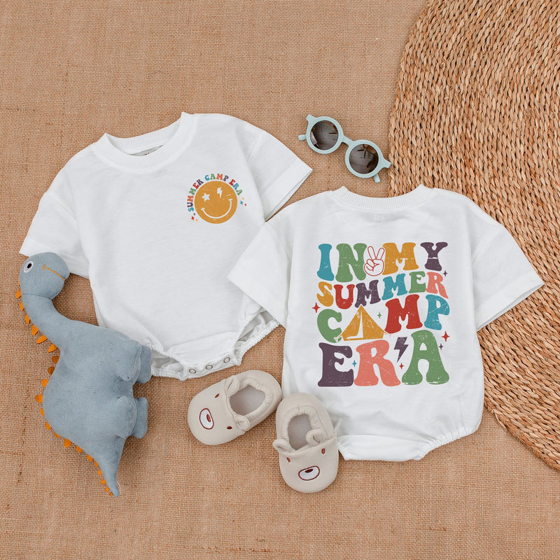 In My Summer Camp Era Newborn Baby Romper Vibrant Retro Design Camping Family Outfit Soft Cotton Playful Colors Smiley Face Fun Gift