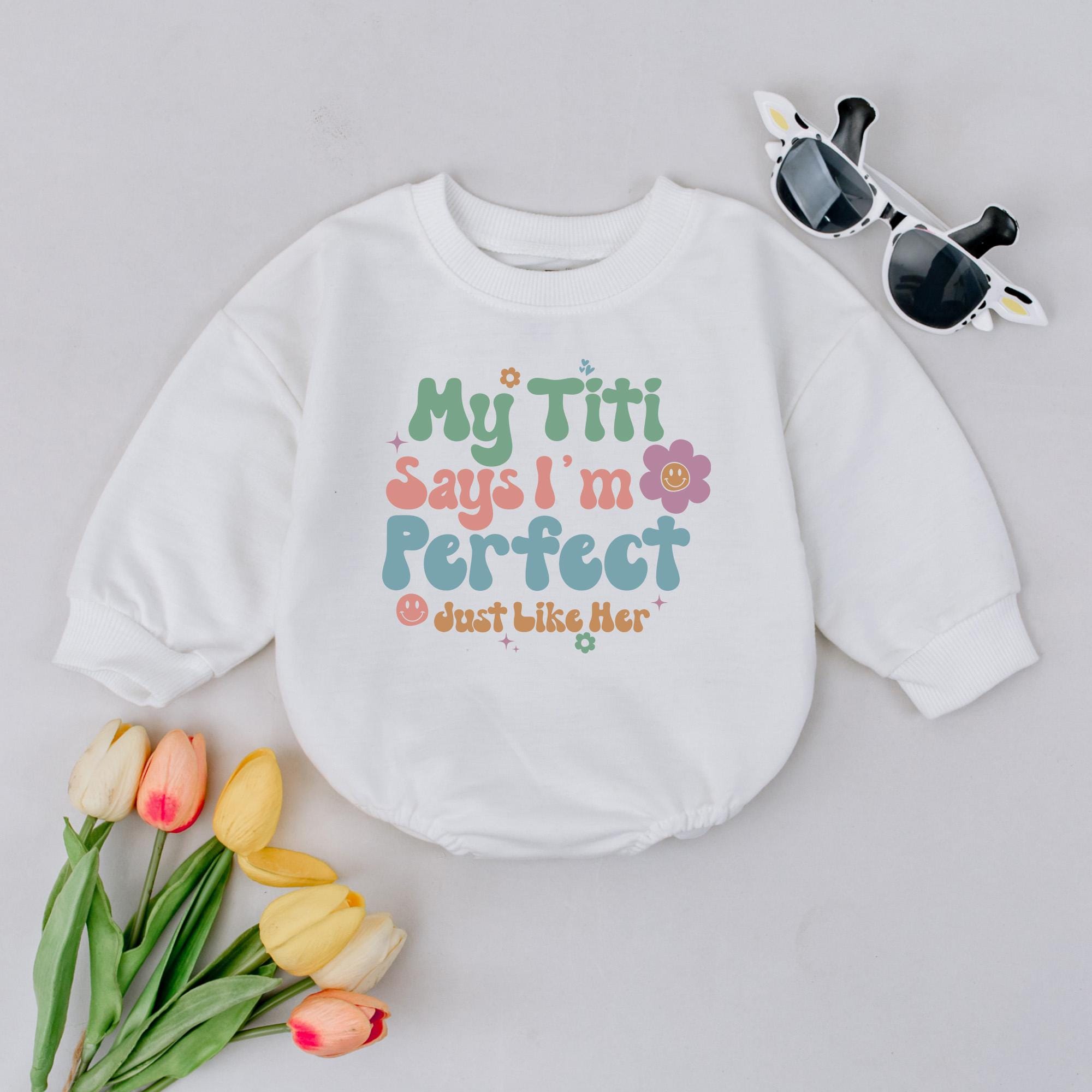 My Titi Says I'm Perfect Baby Girl Bubble Romper Retro Style Pastel Colors Customizable Cute Gift Idea Soft Cotton Outfit
