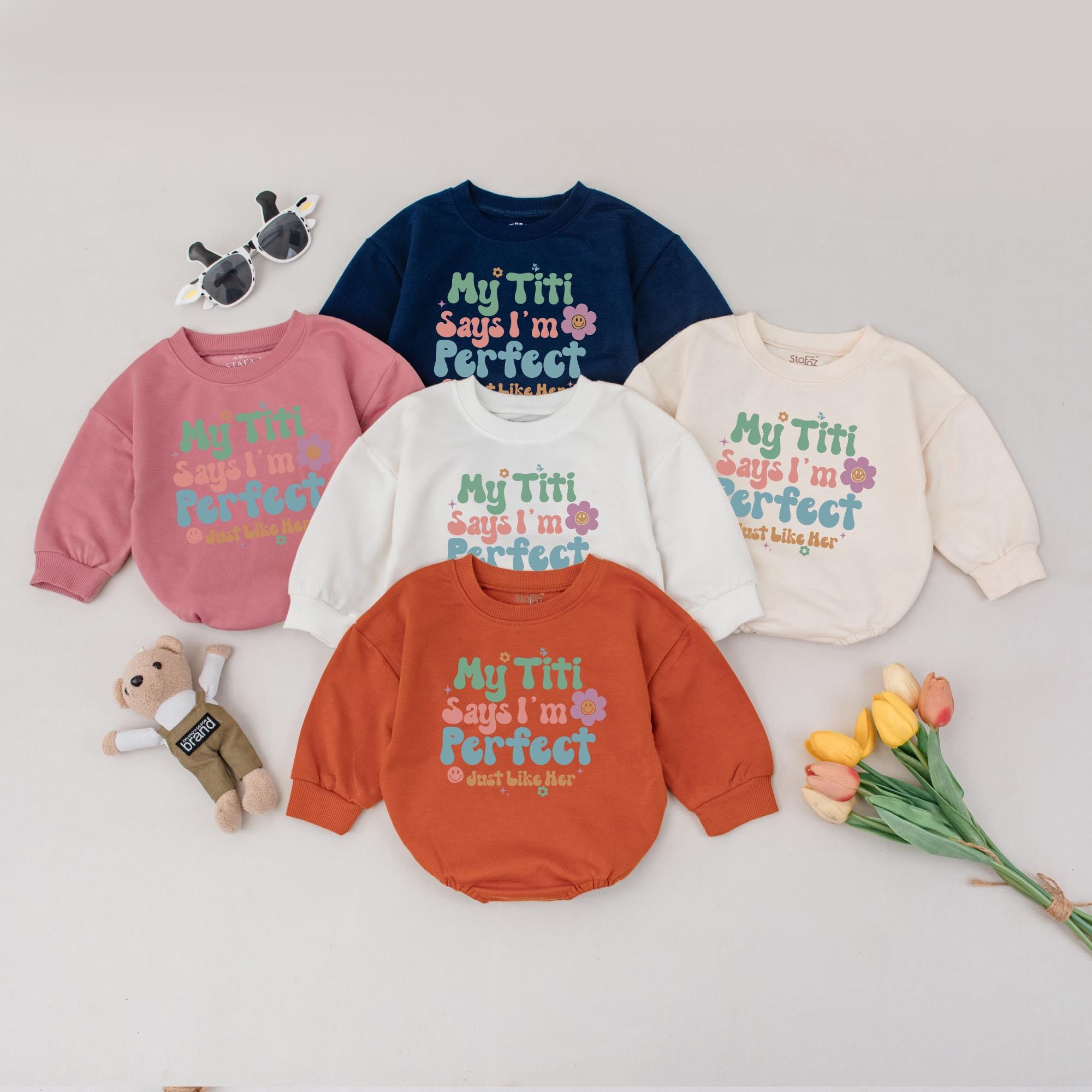 My Titi Says I'm Perfect Baby Girl Bubble Romper Retro Style Pastel Colors Customizable Cute Gift Idea Soft Cotton Outfit