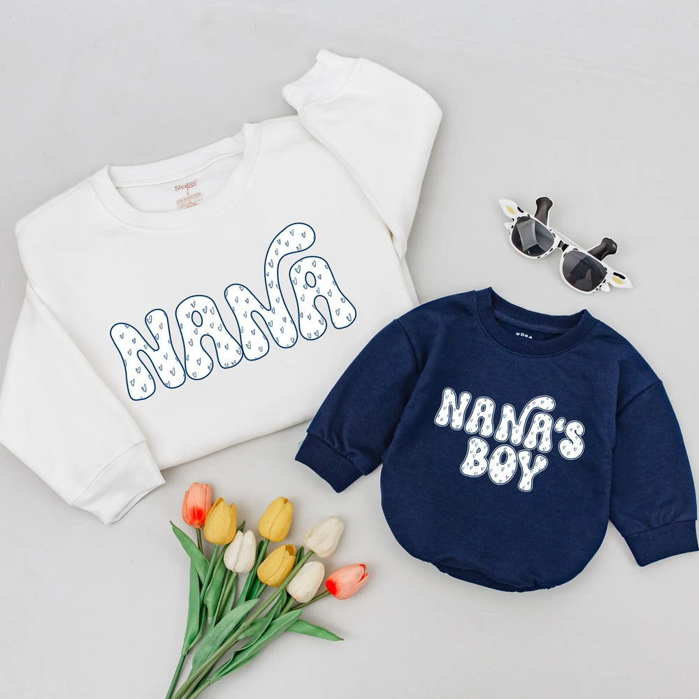 Nana and Nana's Boy Matching Sweatshirts Retro Heart Design Family Outfit Soft Cotton Baby Boy Gift Birthday Baby Shower Present