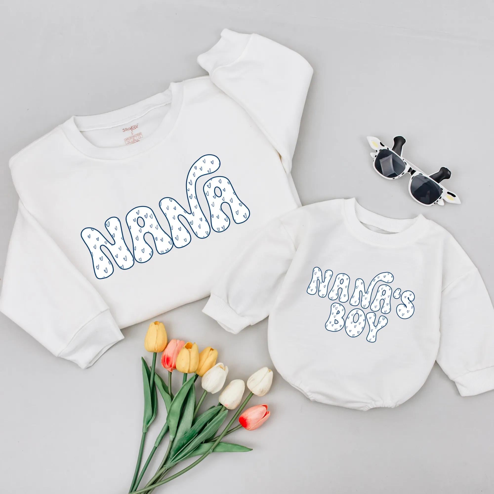 Nana and Nana's Boy Matching Sweatshirts Retro Heart Design Family Outfit Soft Cotton Baby Boy Gift Birthday Baby Shower Present
