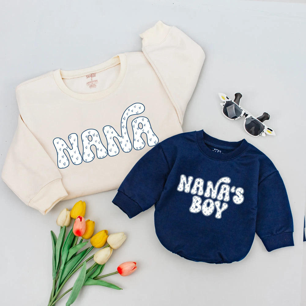 Nana and Nana's Boy Matching Sweatshirts Retro Heart Design Family Outfit Soft Cotton Baby Boy Gift Birthday Baby Shower Present