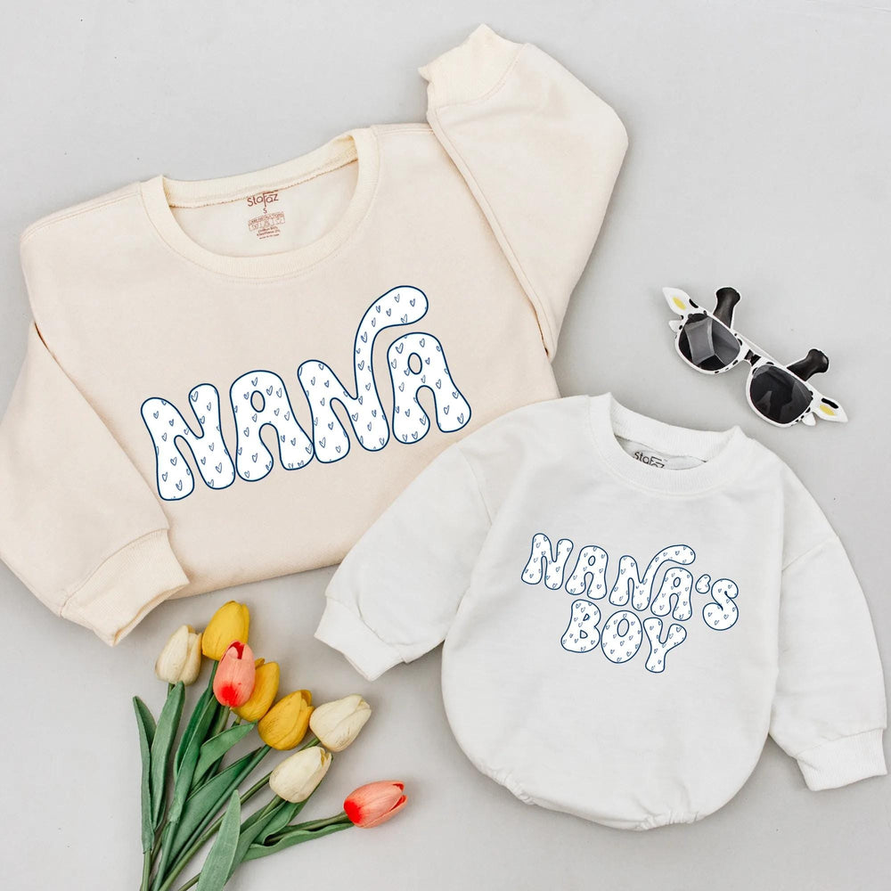 Nana and Nana's Boy Matching Sweatshirts Retro Heart Design Family Outfit Soft Cotton Baby Boy Gift Birthday Baby Shower Present