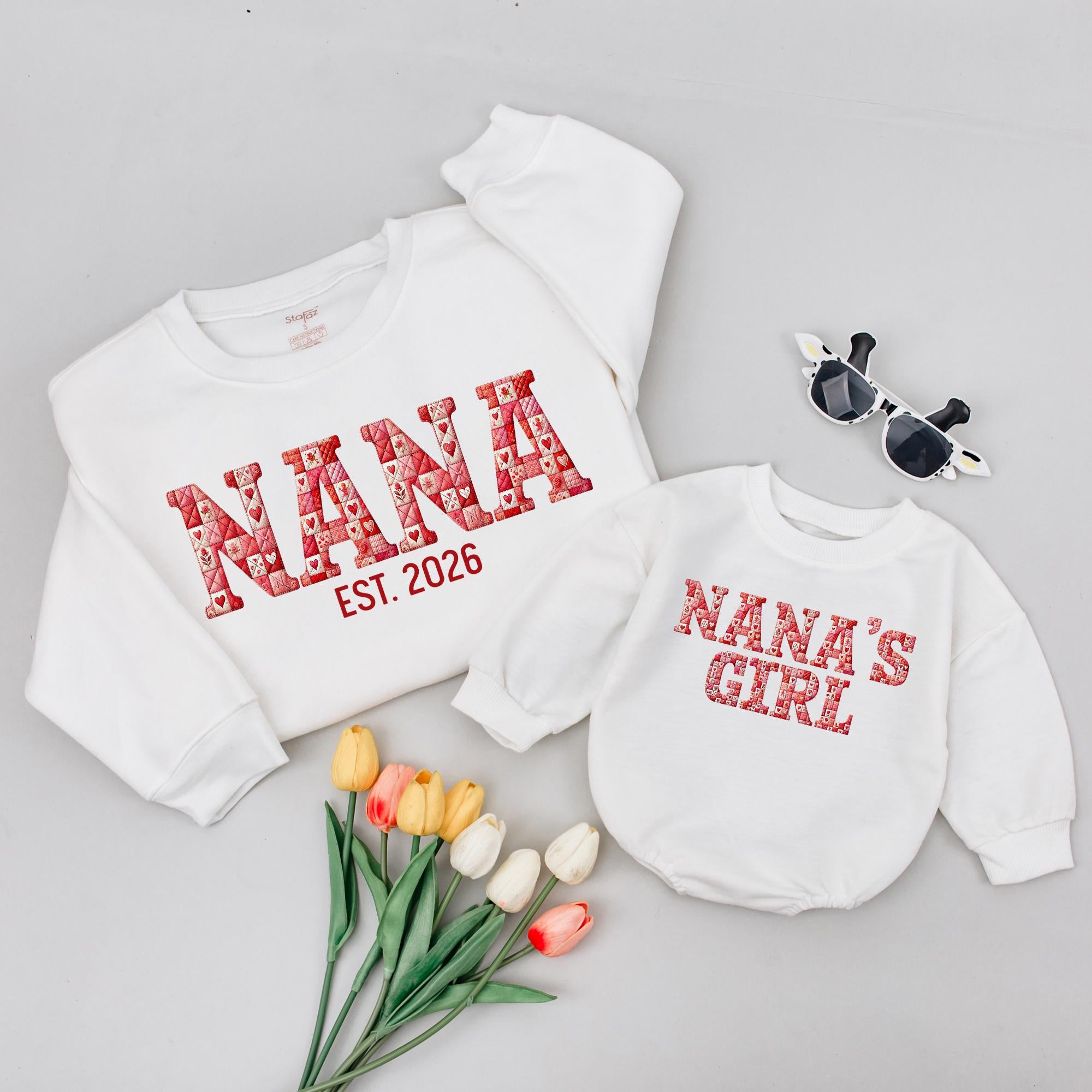 Nana's Girl Baby Romper and Nana Sweatshirt Set, Floral Lettering Design with Custom Name, Matching Family Outfits for Special Moments