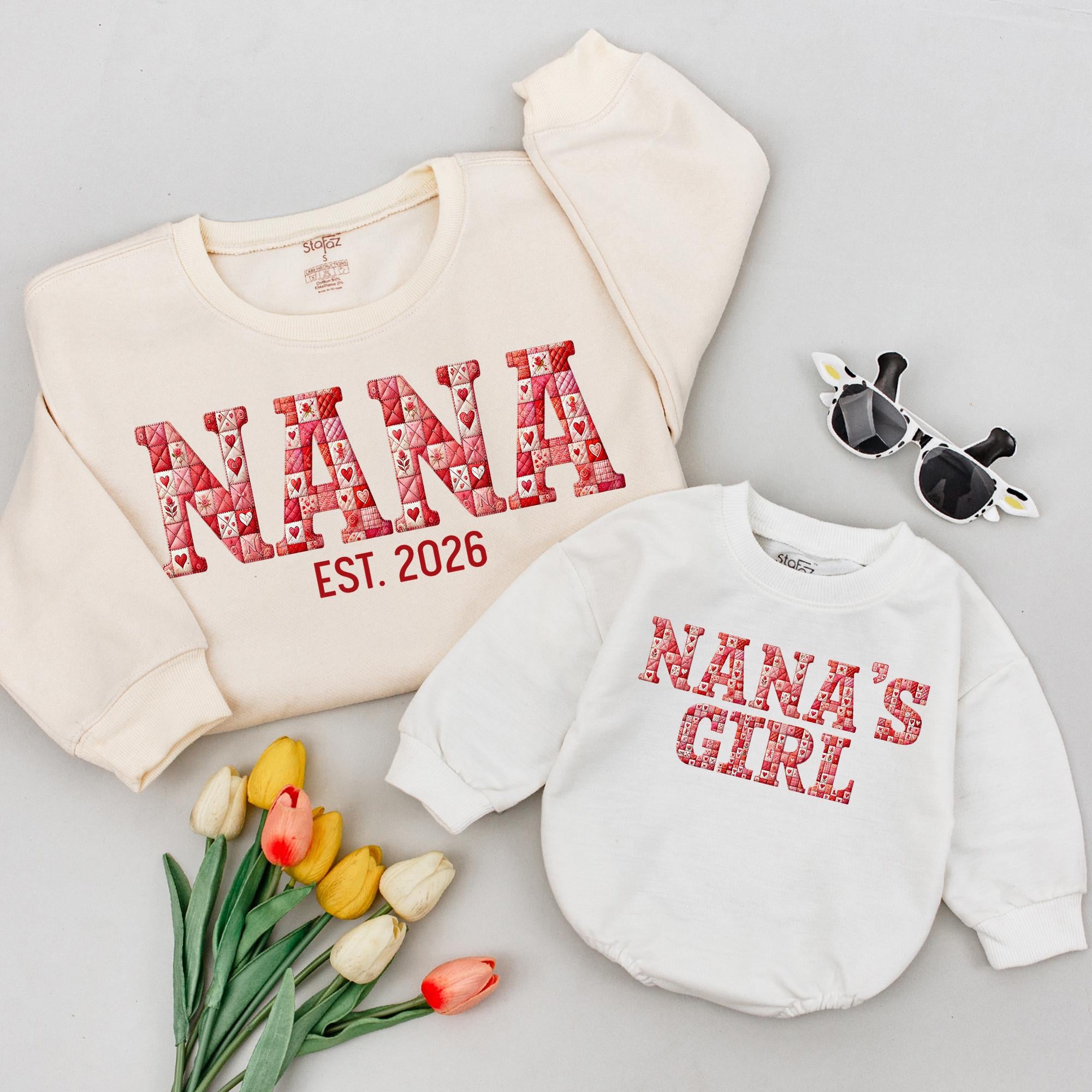 Nana's Girl Baby Romper and Nana Sweatshirt Set, Floral Lettering Design with Custom Name, Matching Family Outfits for Special Moments