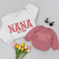 Nana's Girl Baby Romper and Nana Sweatshirt Set, Floral Lettering Design with Custom Name, Matching Family Outfits for Special Moments