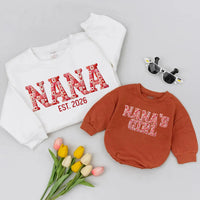 Nana's Girl Baby Romper and Nana Sweatshirt Set, Floral Lettering Design with Custom Name, Matching Family Outfits for Special Moments