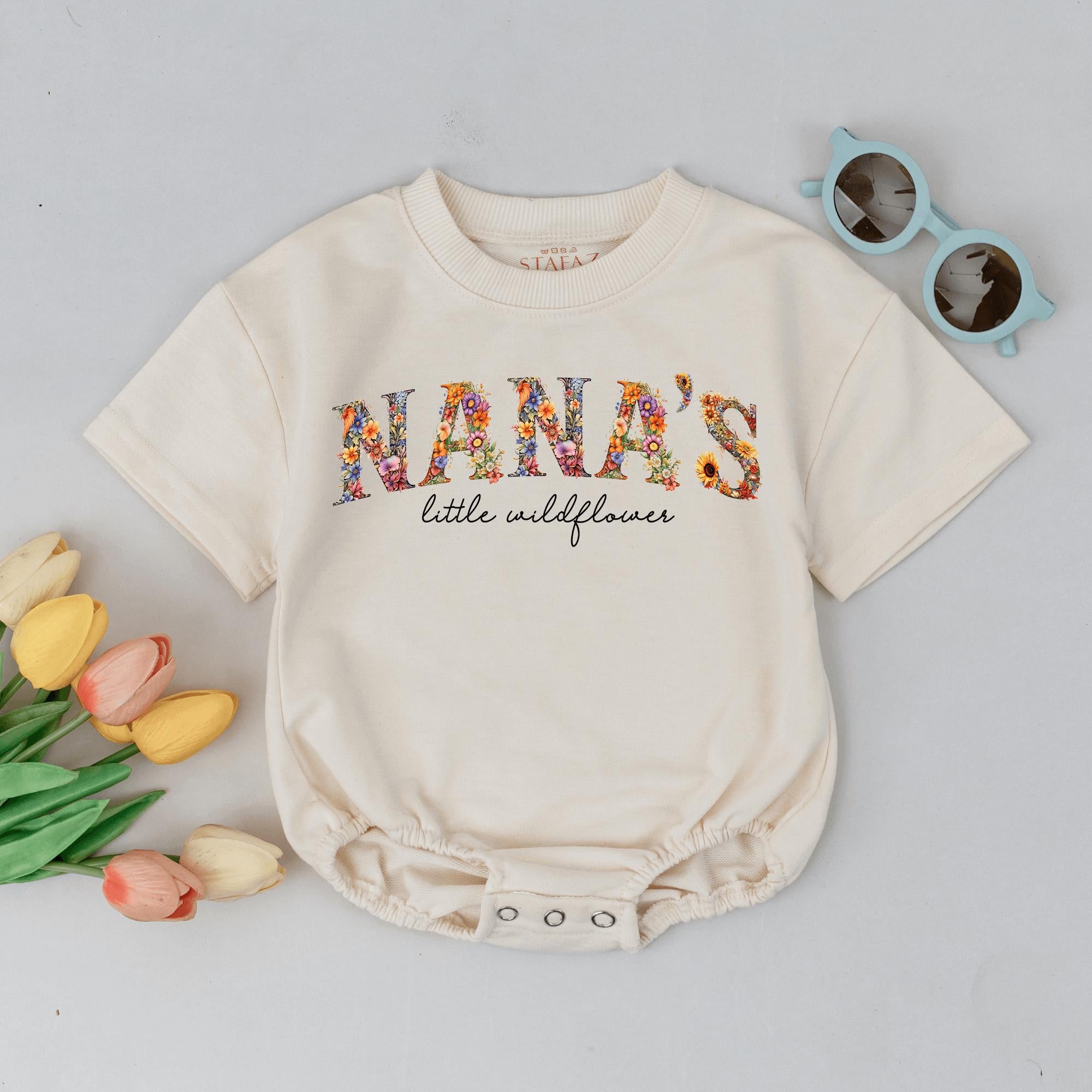 Nana's Little Wildflower Baby Romper with Floral Print, Custom Name Baby Girl Outfit, Boho Baby Shower Gift for Newborns