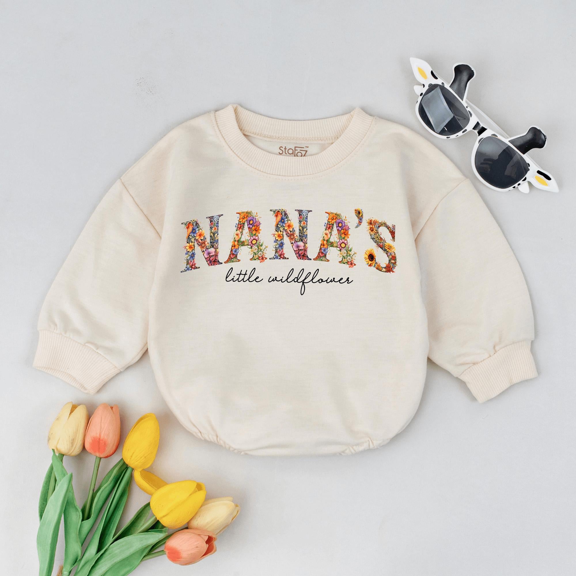 Nana's Little Wildflower Baby Romper with Floral Print, Custom Name Baby Girl Outfit, Boho Baby Shower Gift for Newborns