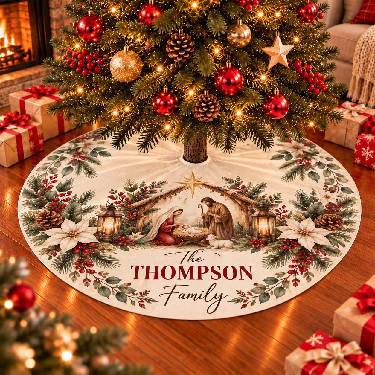 Nativity Christmas Tree Skirt with Baby Jesus Manger Scene, Custom Family Name, Religious Farmhouse Holiday Decor, Vintage Style