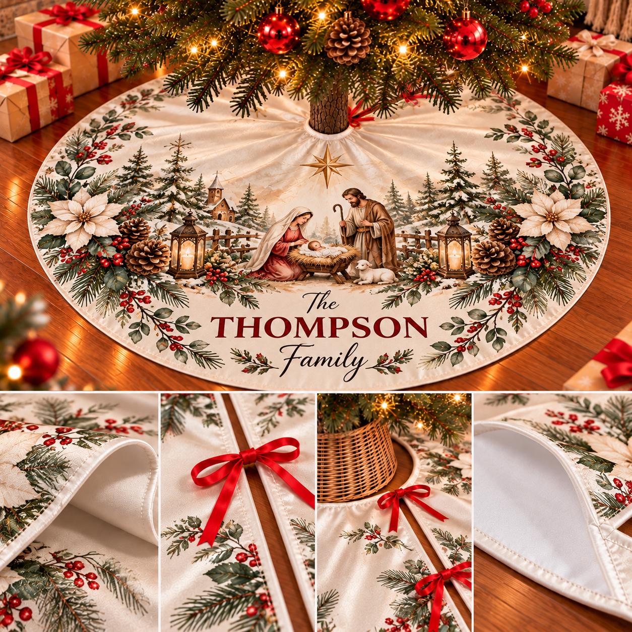 Nativity Christmas Tree Skirt with Baby Jesus Manger Scene, Custom Family Name, Religious Farmhouse Holiday Decor, Vintage Style