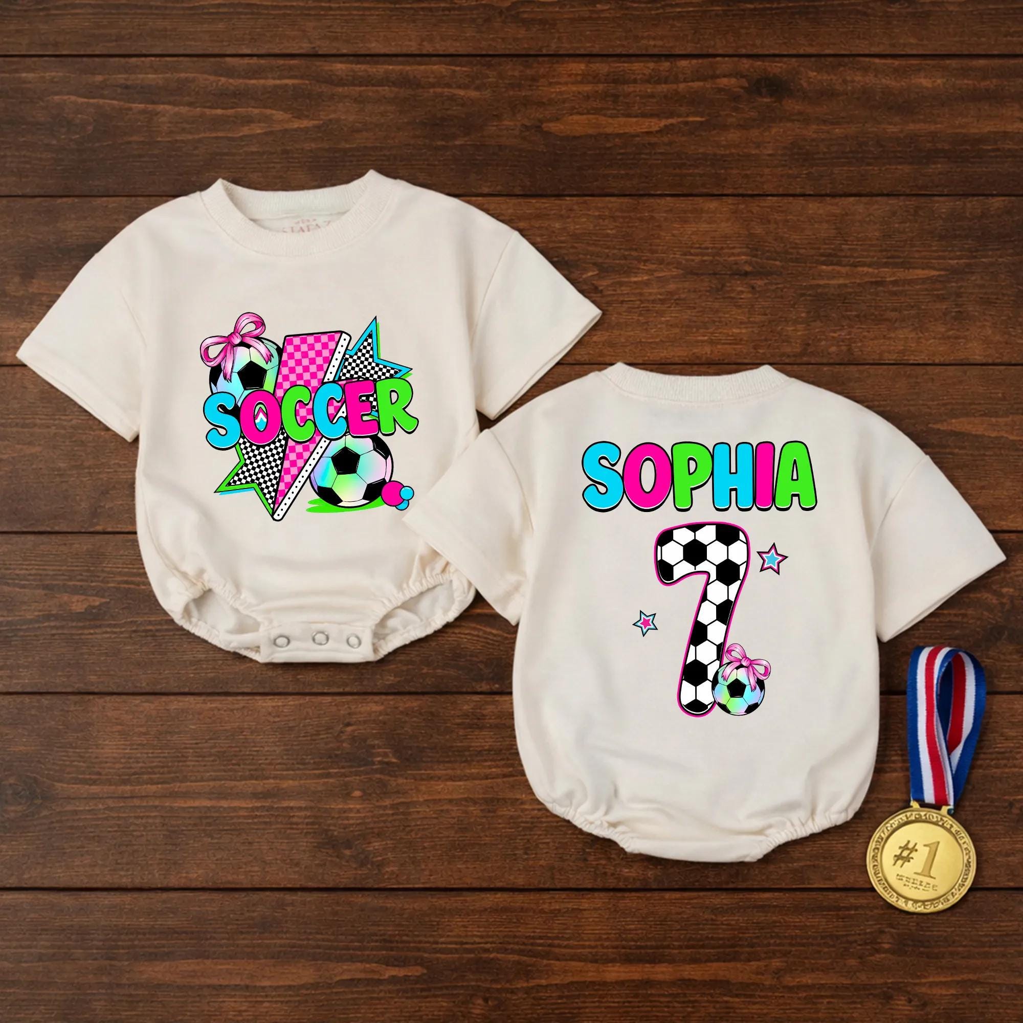 Neon Soccer Graphic Baby Romper with Custom Name and Jersey Number, Toddler Game Day Outfit, Personalized Kids Soccer Shirt