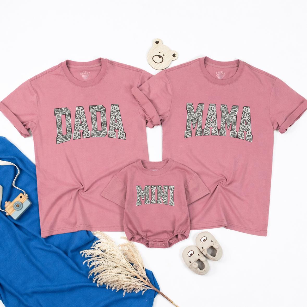 Neutral Leopard Print Dada Mama Mini Matching Shirts, Family Outfit Set with Custom Names, Parent Baby Gift for New Moms & Dads
