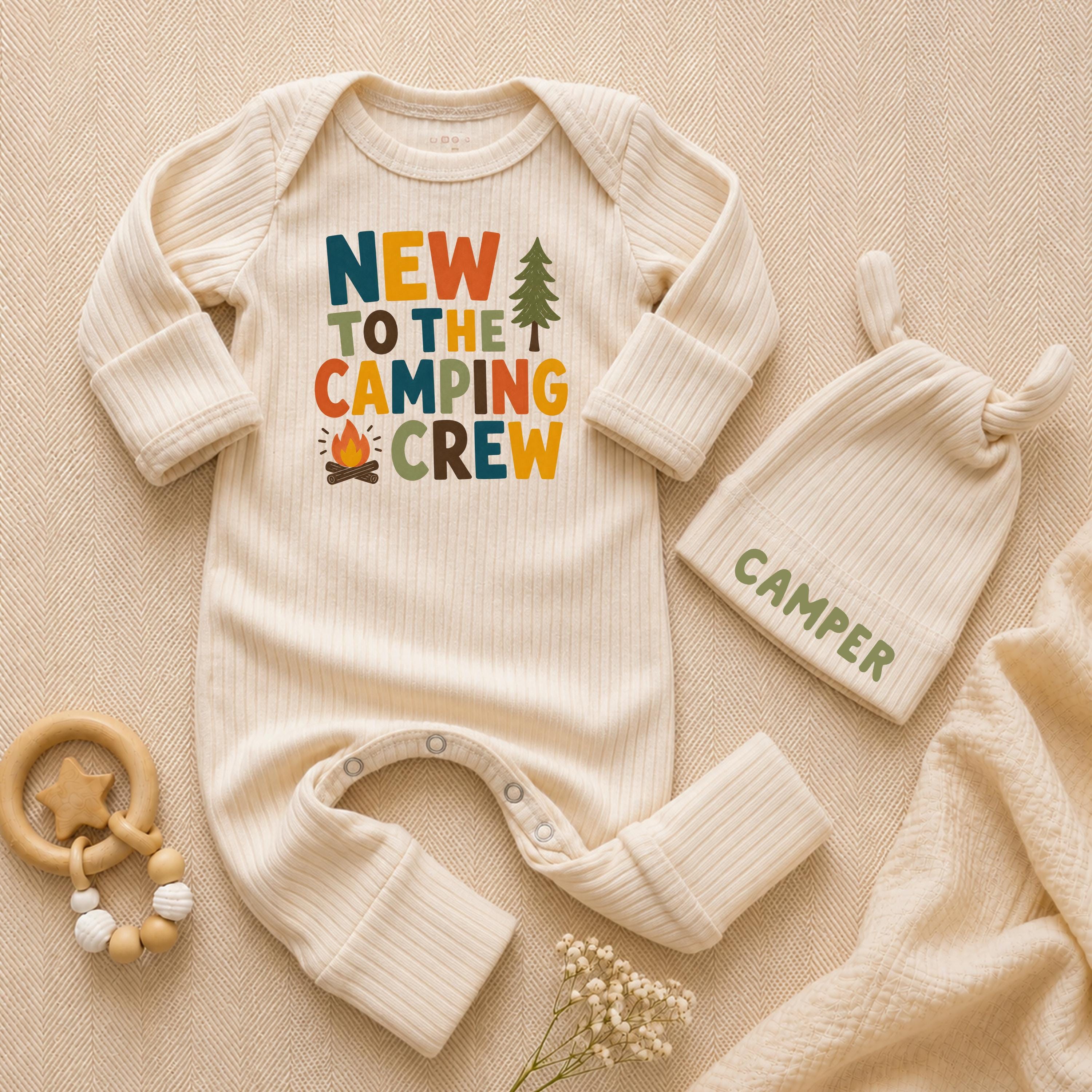 New to the Camping Crew Baby Bodysuit with Forest Graphic and Custom Name Hat, Newborn Coming Home Outfit Set