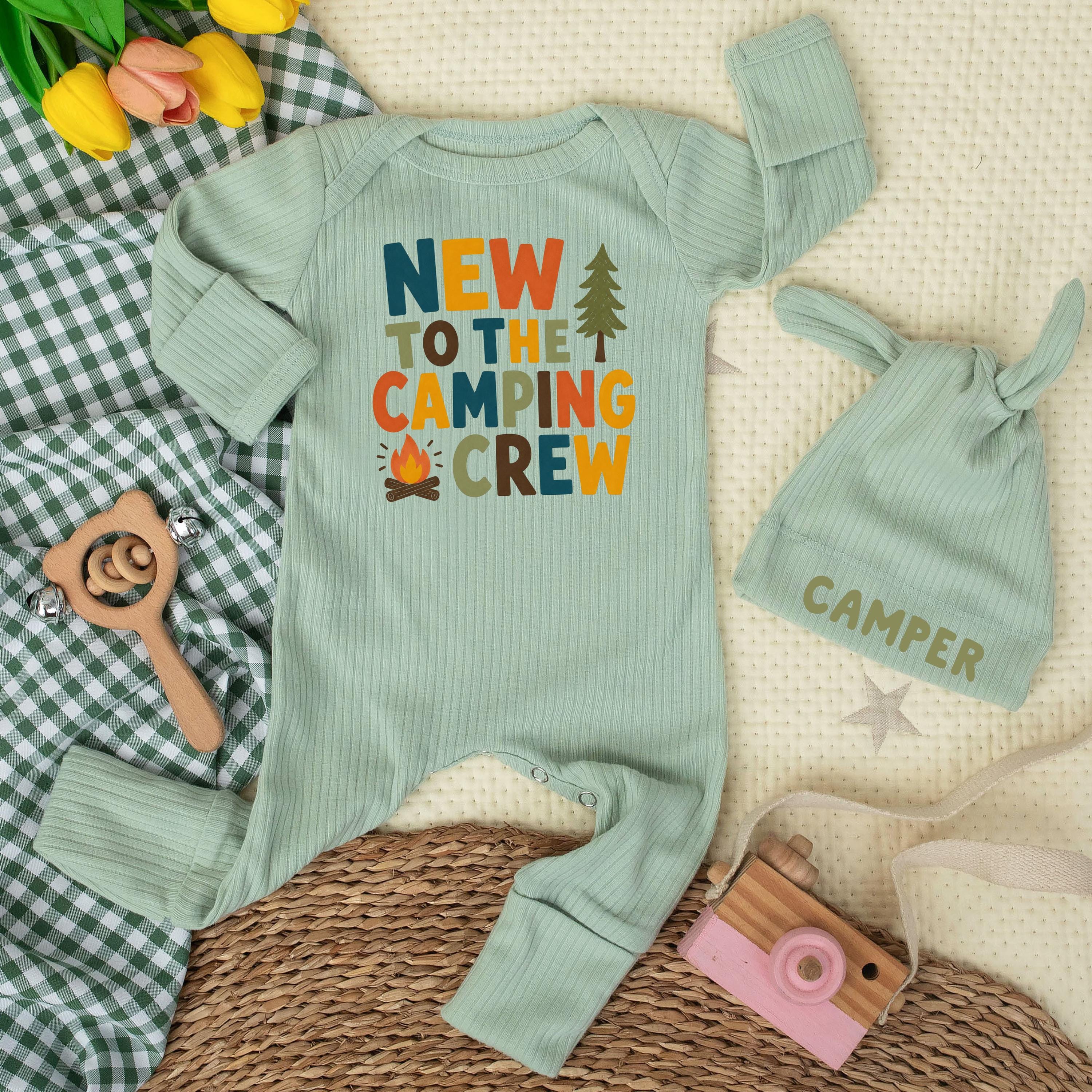 New to the Camping Crew Baby Bodysuit with Forest Graphic and Custom Name Hat, Newborn Coming Home Outfit Set
