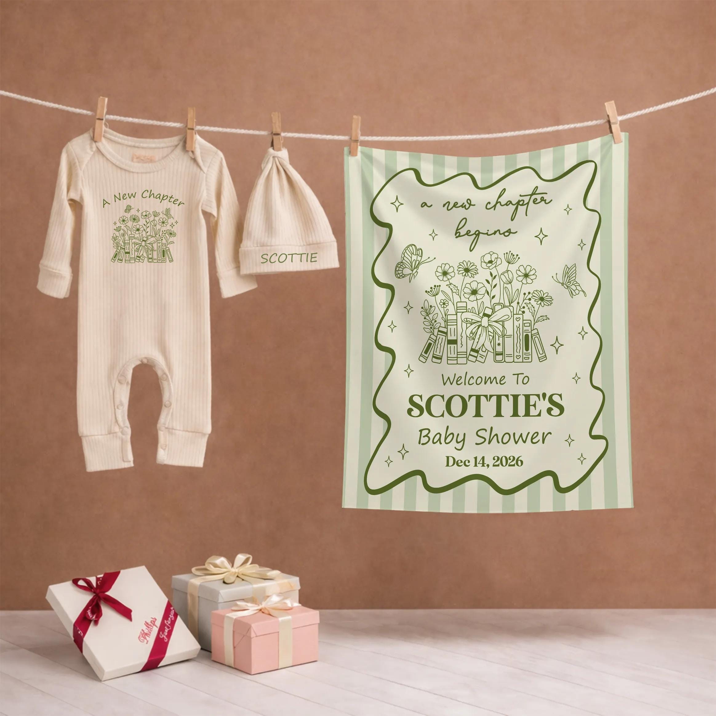 A New Chapter Begins Baby Shower Silk Banner with Custom Name & Date, Literary Theme Decor and Matching Baby Bodysuit Set