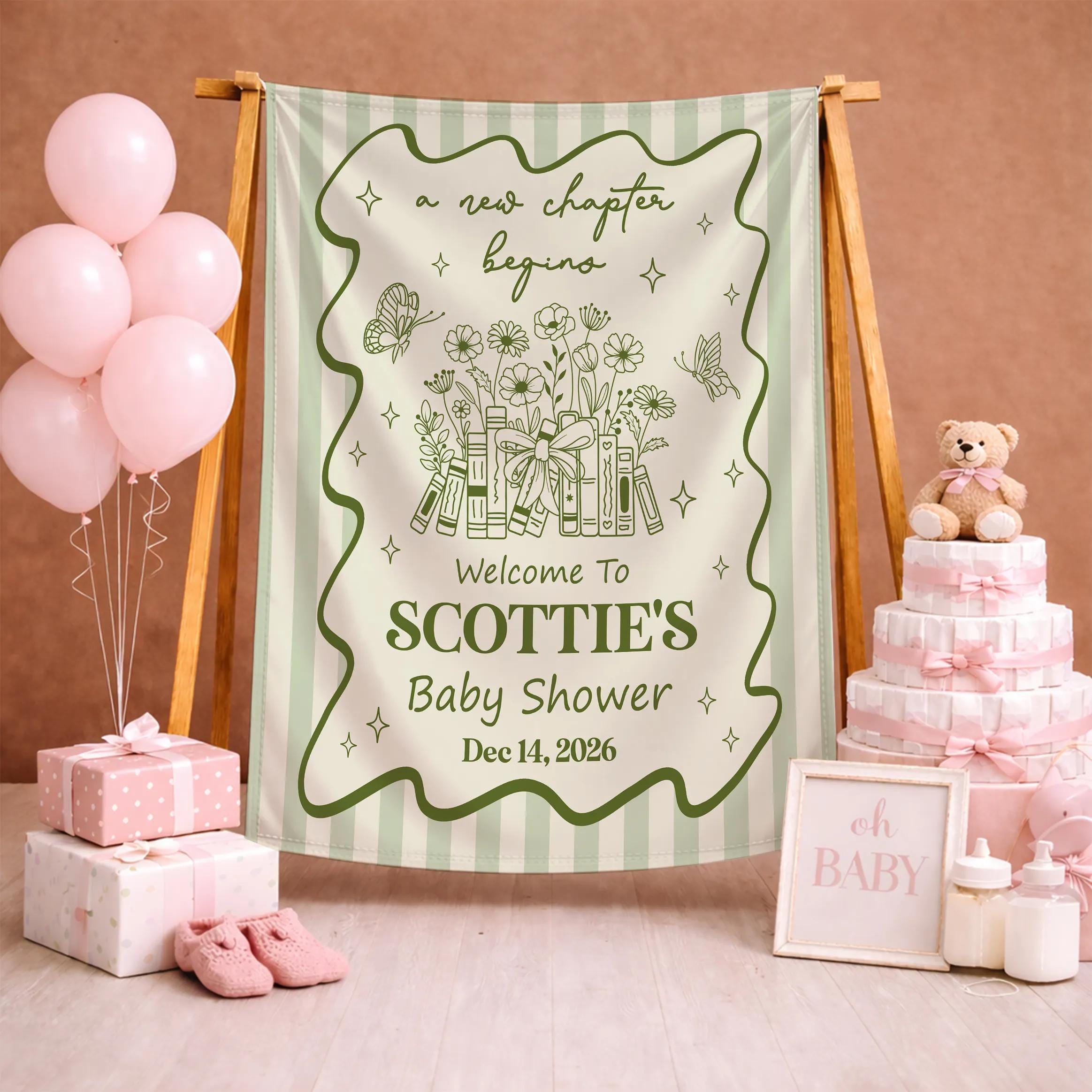 A New Chapter Begins Baby Shower Silk Banner with Custom Name & Date, Literary Theme Decor and Matching Baby Bodysuit Set