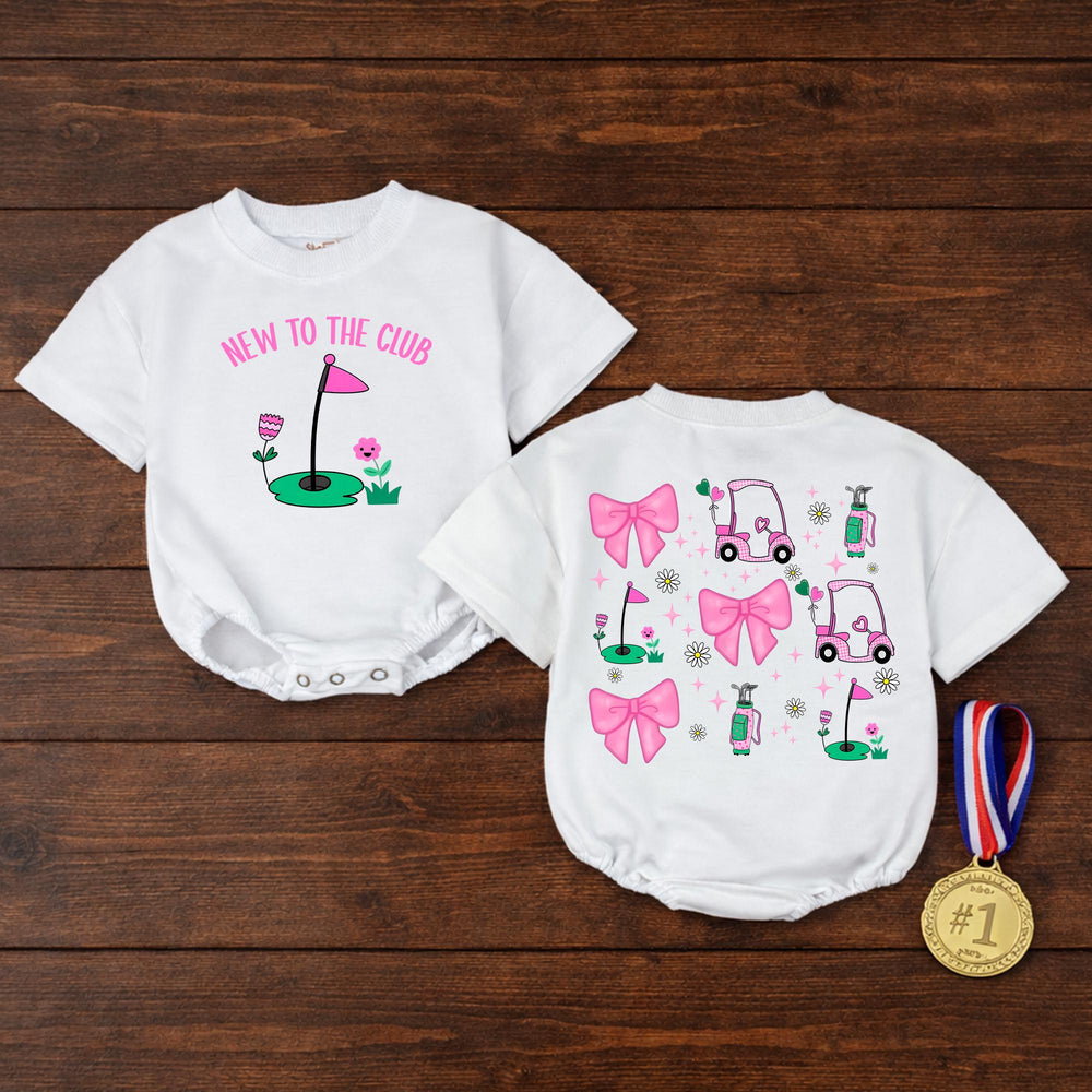 New To The Club Baby Girl Golf Romper Pink Preppy Outfit with Bows and Daisies Soft Cotton Infant Clothes for Parties and Playtime