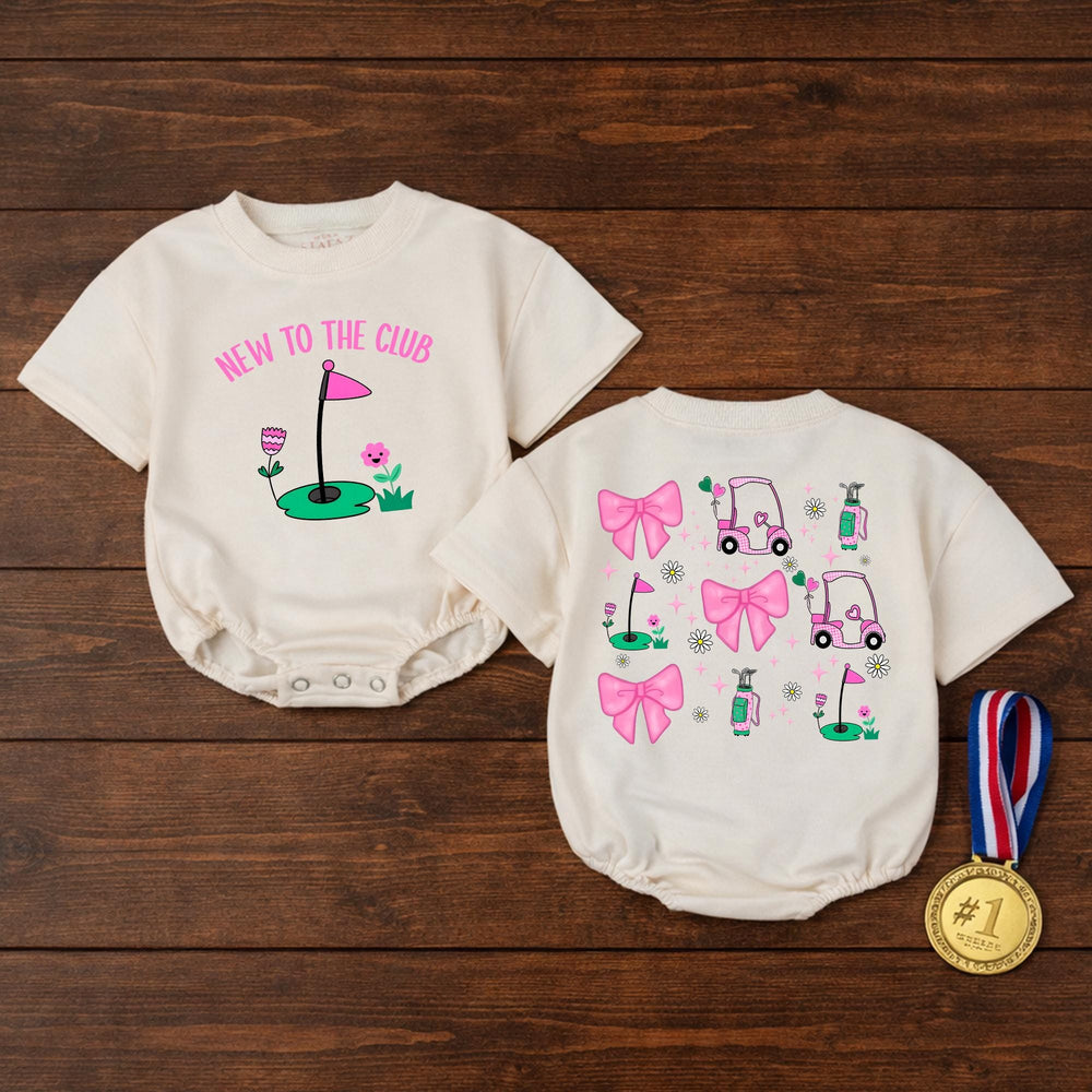 New To The Club Baby Girl Golf Romper Pink Preppy Outfit with Bows and Daisies Soft Cotton Infant Clothes for Parties and Playtime