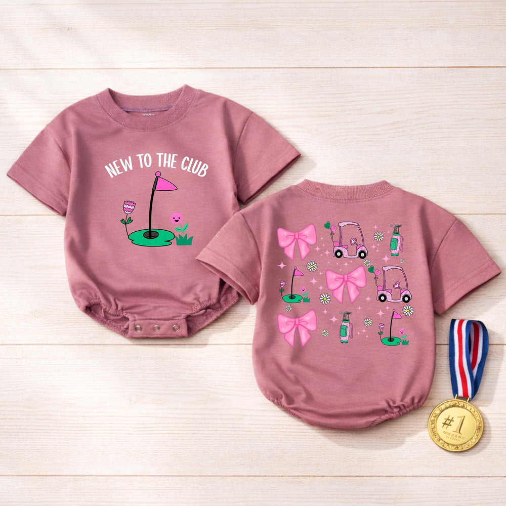 New To The Club Baby Girl Golf Romper Pink Preppy Outfit with Bows and Daisies Soft Cotton Infant Clothes for Parties and Playtime