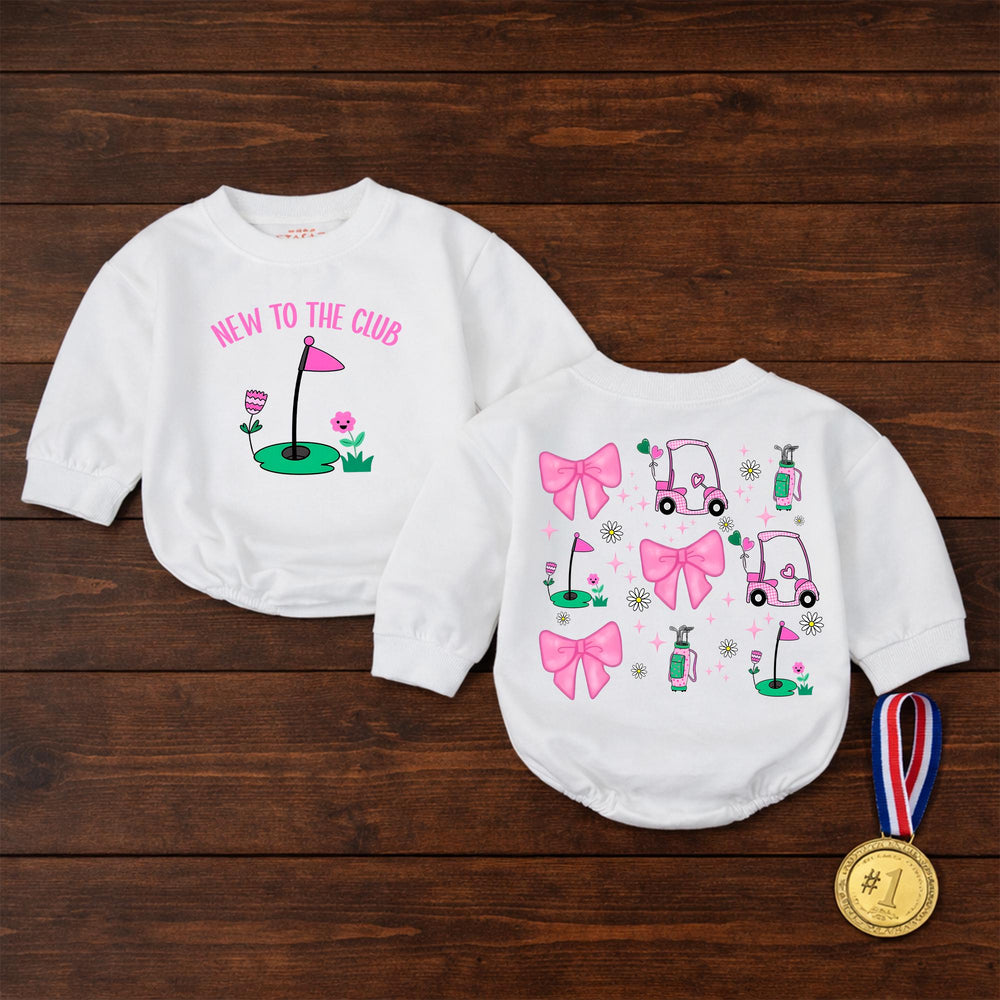 New To The Club Baby Girl Golf Romper Pink Preppy Outfit with Bows and Daisies Soft Cotton Infant Clothes for Parties and Playtime