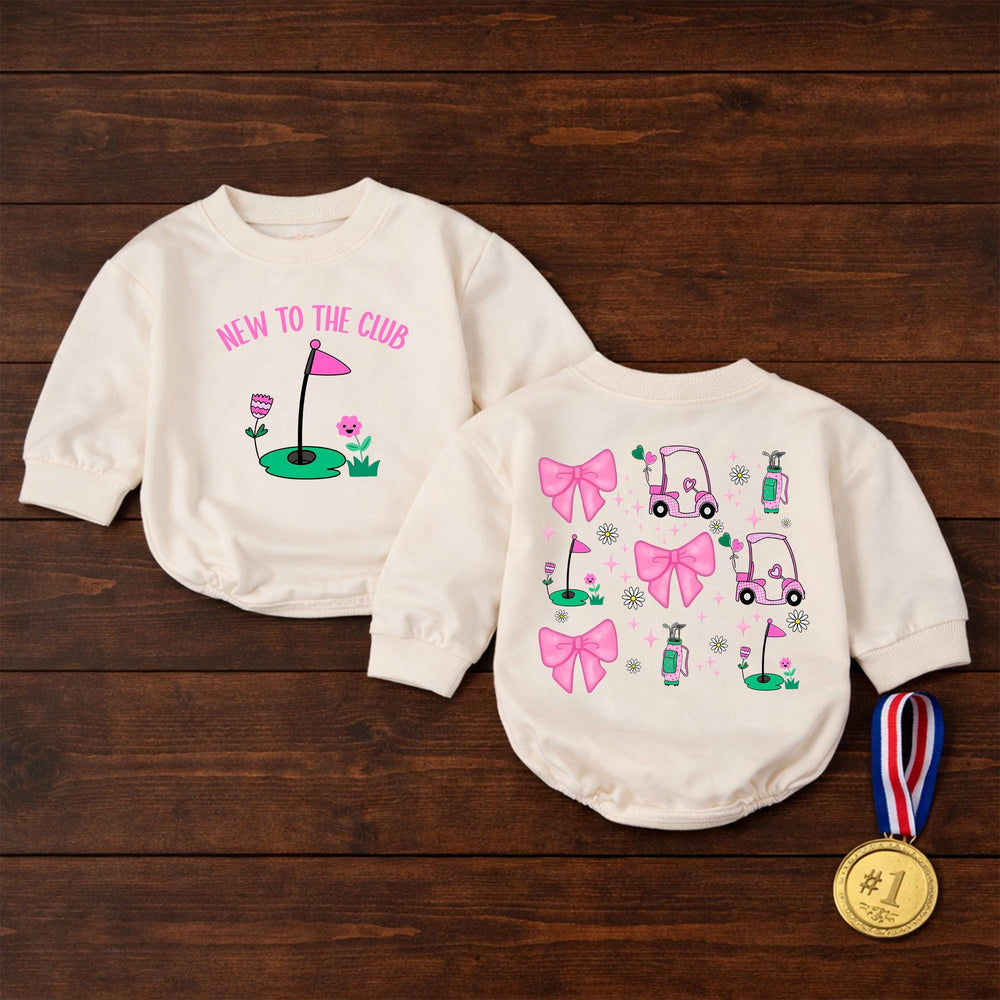 New To The Club Baby Girl Golf Romper Pink Preppy Outfit with Bows and Daisies Soft Cotton Infant Clothes for Parties and Playtime