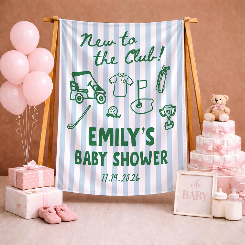 New to the Club Baby Shower Golf Outfit and Custom Welcome Sign, Personalized Baby Shower Decor with Forest Green Hand-Drawn Icons