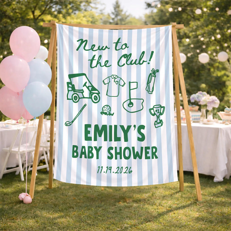 New to the Club Baby Shower Golf Outfit and Custom Welcome Sign, Personalized Baby Shower Decor with Forest Green Hand-Drawn Icons