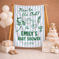 New to the Club Baby Shower Golf Outfit and Custom Welcome Sign, Personalized Baby Shower Decor with Forest Green Hand-Drawn Icons