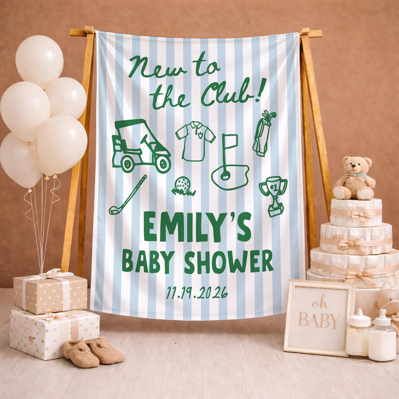 New to the Club Baby Shower Golf Outfit and Custom Welcome Sign, Personalized Baby Shower Decor with Forest Green Hand-Drawn Icons
