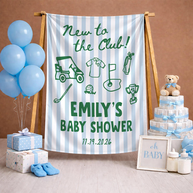 New to the Club Baby Shower Golf Outfit and Custom Welcome Sign, Personalized Baby Shower Decor with Forest Green Hand-Drawn Icons