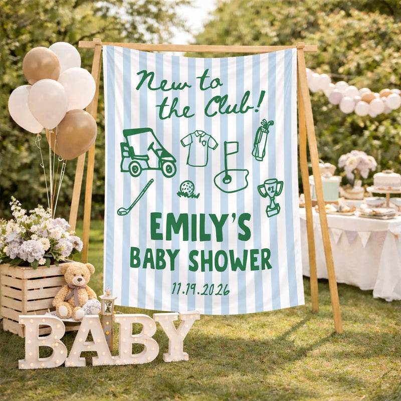 New to the Club Baby Shower Golf Outfit and Custom Welcome Sign, Personalized Baby Shower Decor with Forest Green Hand-Drawn Icons