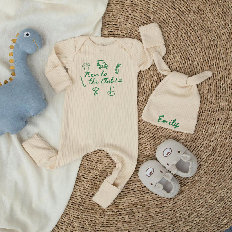 New to the Club Baby Shower Golf Outfit and Custom Welcome Sign, Personalized Baby Shower Decor with Forest Green Hand-Drawn Icons