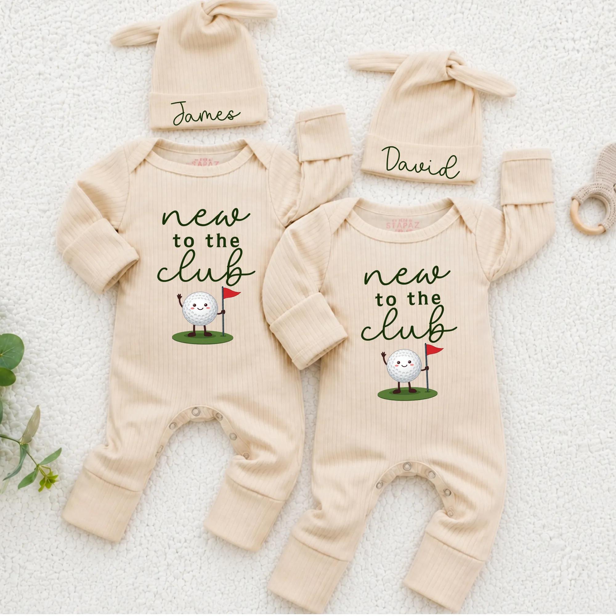 New to the Club Golf Baby Romper and Hat Set with Custom Name, Twin Coming Home Outfit or Baby Shower Gift Idea