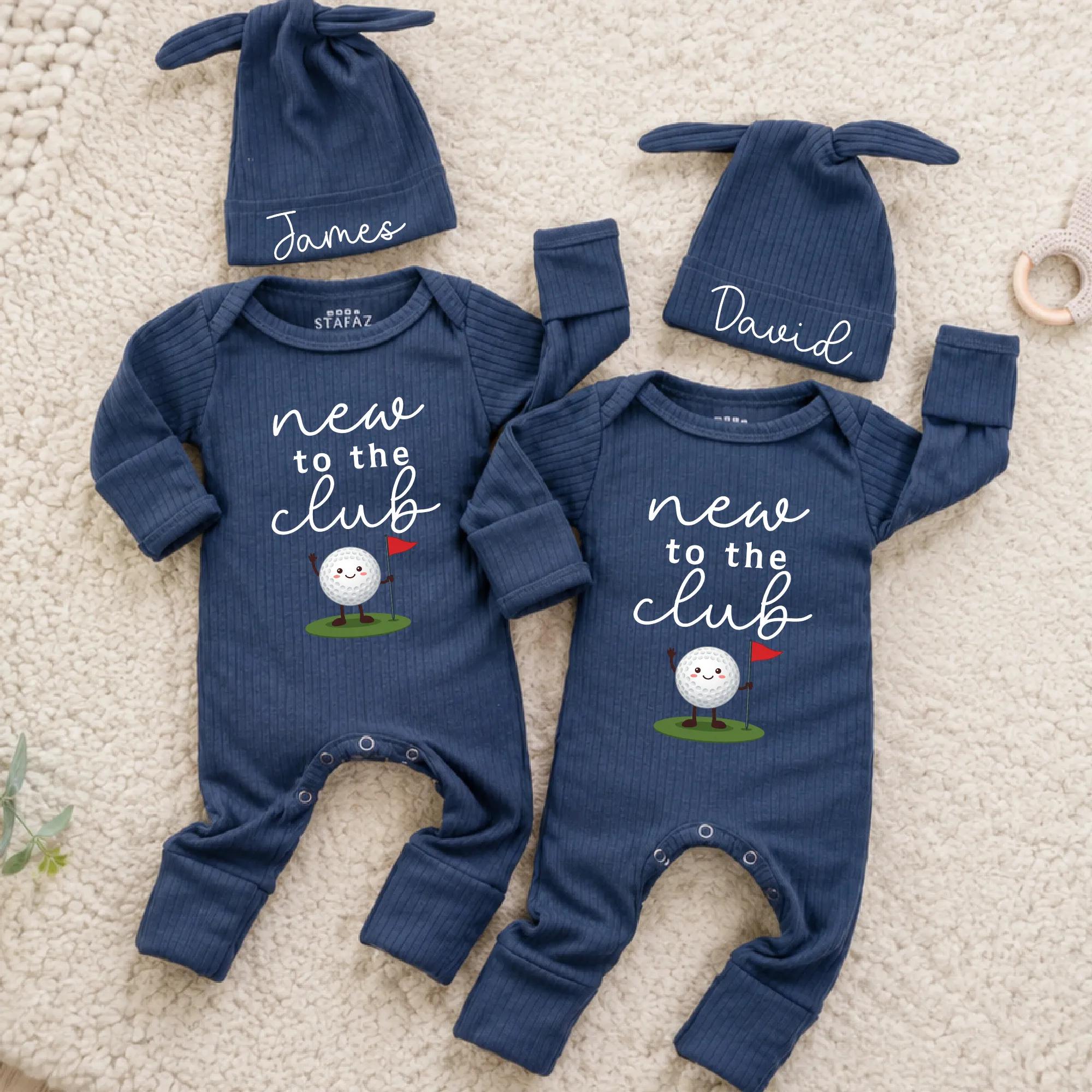 New to the Club Golf Baby Romper and Hat Set with Custom Name, Twin Coming Home Outfit or Baby Shower Gift Idea