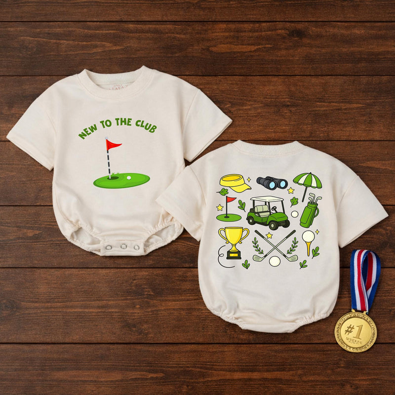 New To The Club Golf Bubble Romper Baby Boy Outfit, Fun Cartoon Golf Design, Comfortable Cotton Birthday, Casual Summer Toddler Clothes