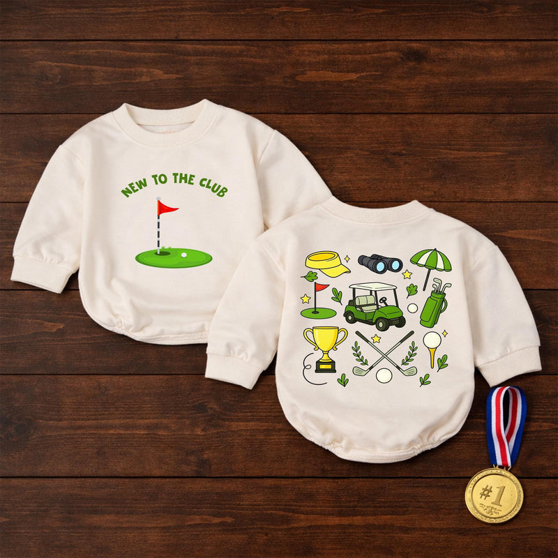 New To The Club Golf Bubble Romper Baby Boy Outfit, Fun Cartoon Golf Design, Comfortable Cotton Birthday, Casual Summer Toddler Clothes